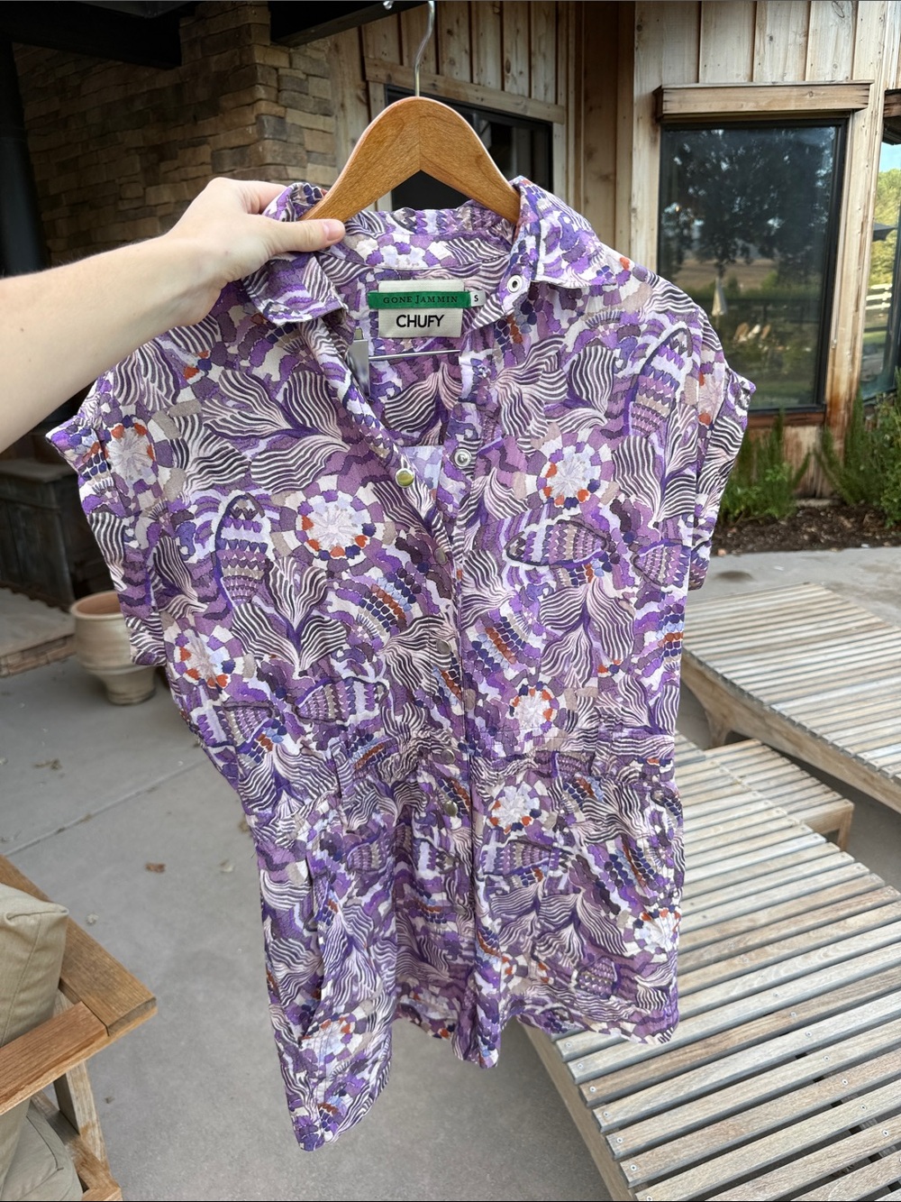 Gon Jammin Chufy Purple Floral-Print Short Sleeve Button Front Romper